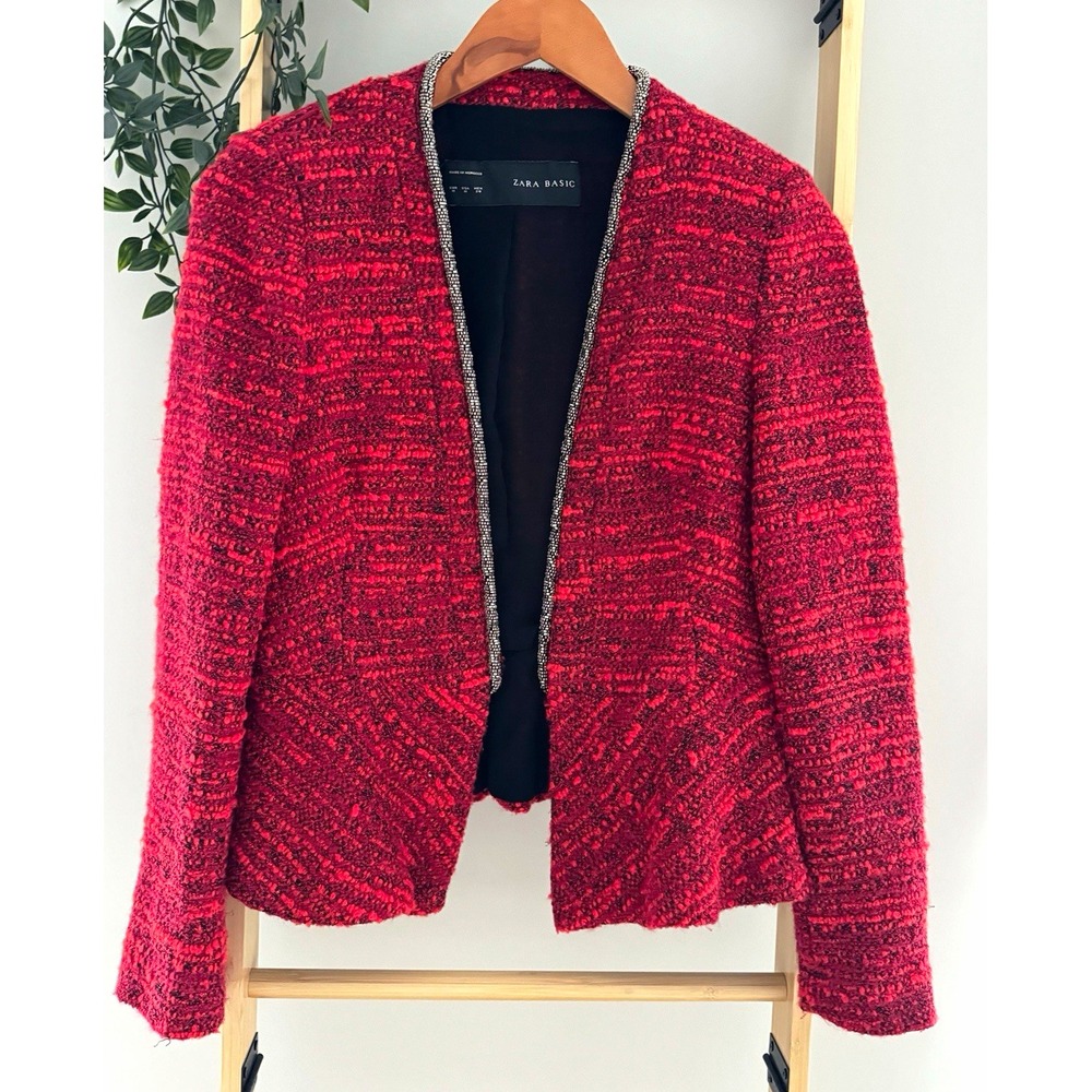 ZARA BASIC Women Red/Silver Beaded Trim Boucle Tweed Pattern Lined Jacket M EUC